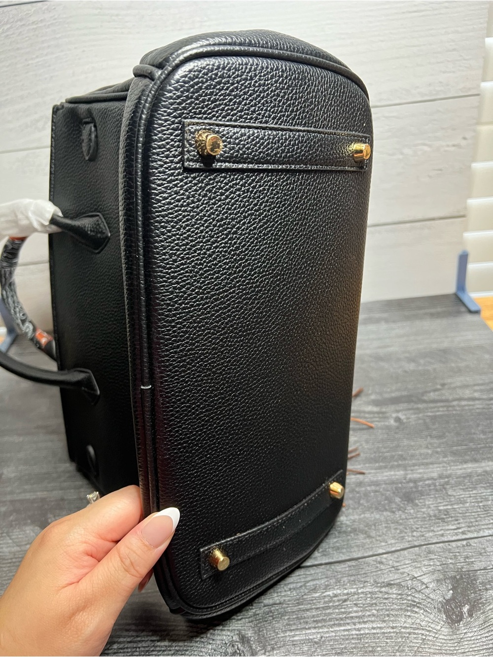 Black Leather Satchel with Orange Fringe and Twill-Handle Wrap - Picture 3 of 6